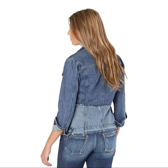LUCKY BRAND Remade Distressed Denim Waisted Trucker Jacket Raw Frayed Hem XS - Picture 10 of 15